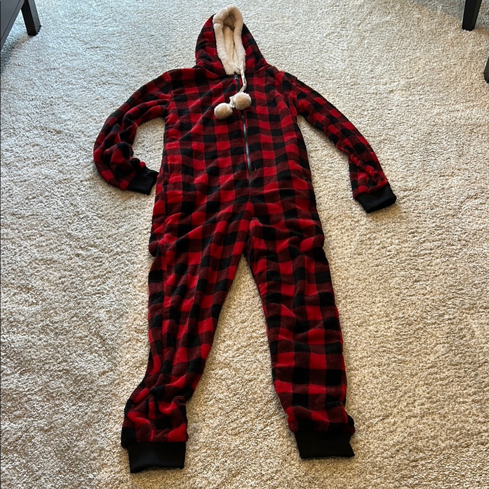 Just Love Red and Black Plaid Hooded Onesie. Great for Christmas. Has pockets!